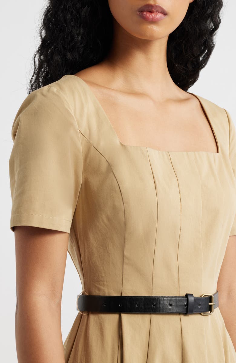 FREEMARKET Belted Pleated Cotton Midi Dress, Alternate, color, Beige