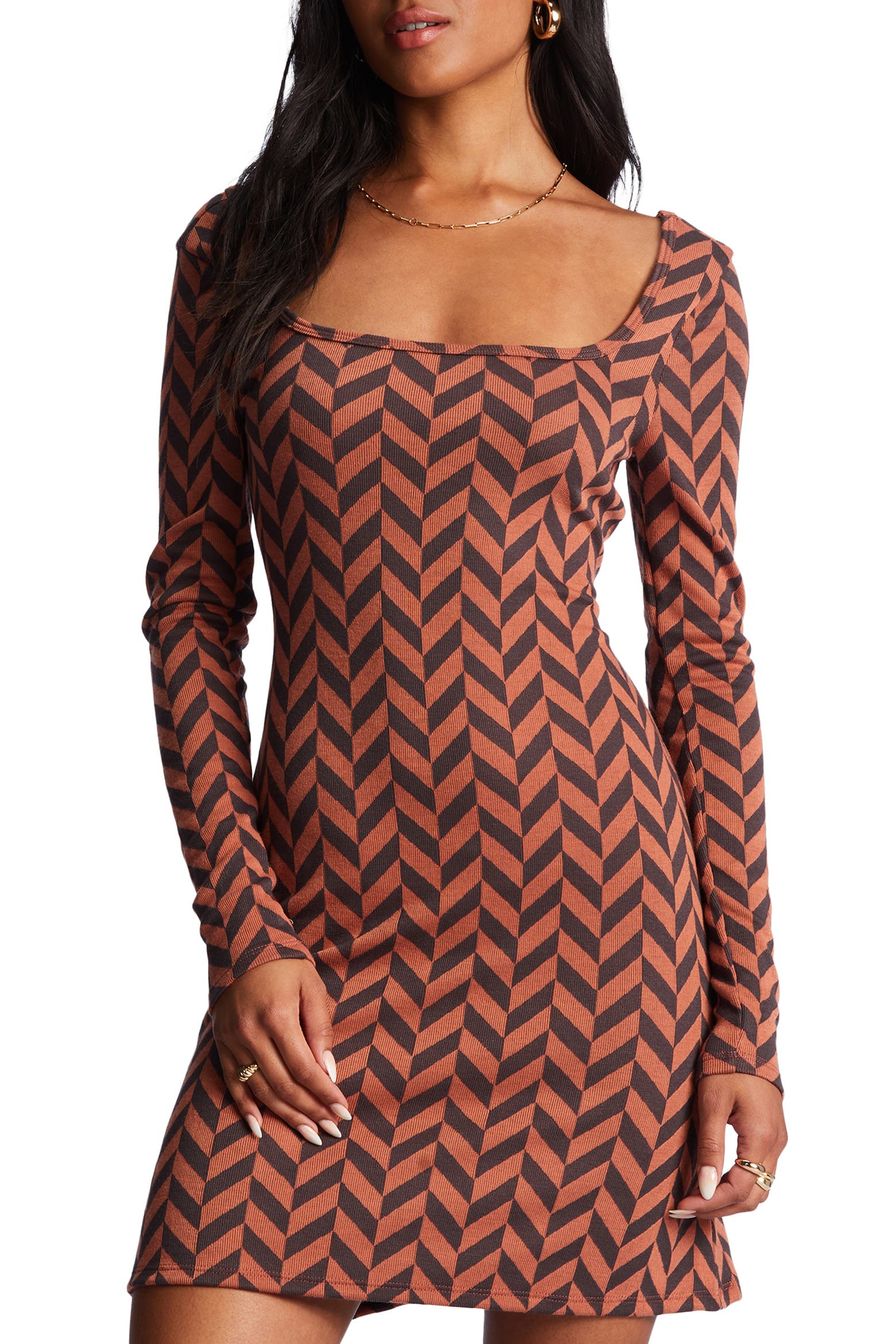 Chevron And Rectangle Pattern Billabong Still Your Girl Chevron Long Sleeve Minidress (Women ...