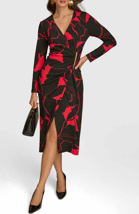 Donna Karan New York Bar Long Sleeve Faux Wrap Jersey Midi Dress