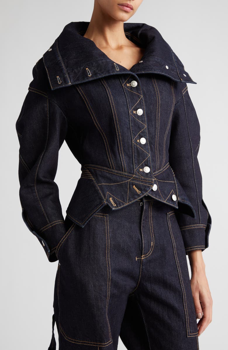McQueen Funnel Neck Denim Jacket, Alternate, color,