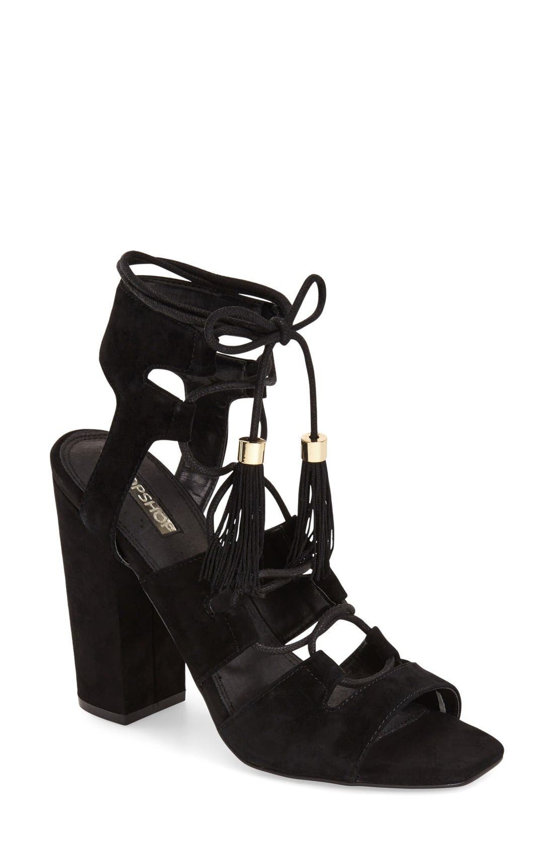 Topshop Tassel Ghillie Sandal, Main, color, 