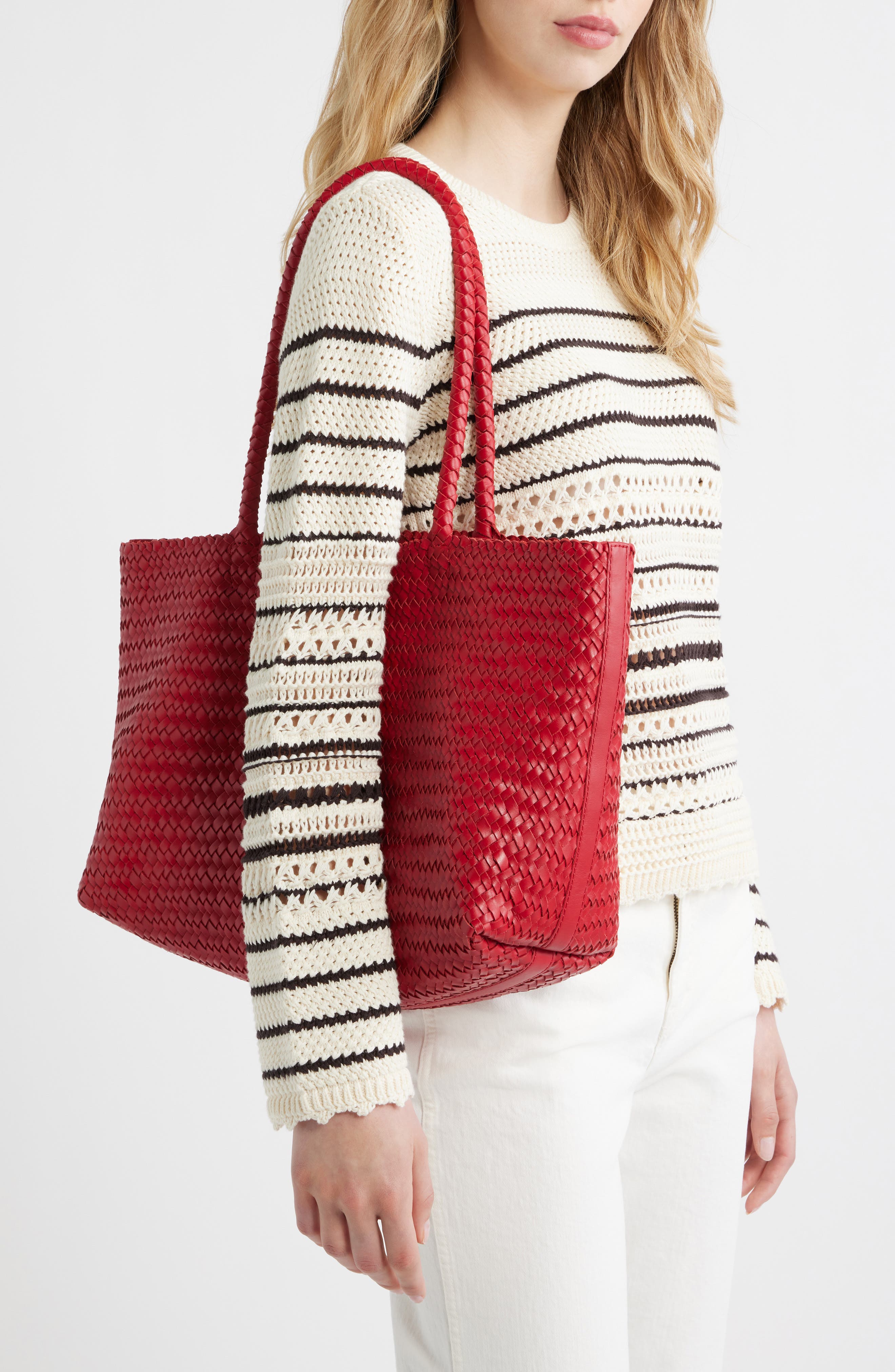 Handwoven Leather Tote, Alternate, color, SCARLET