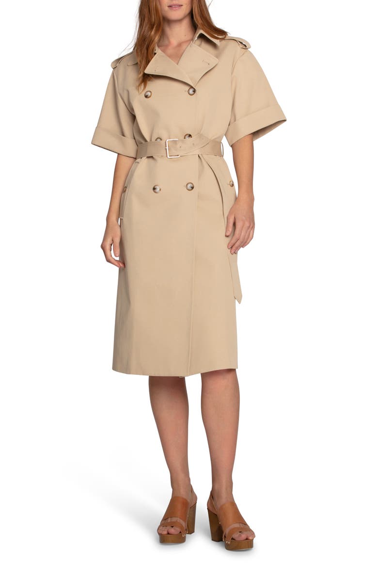 Belle & Bloom Dust & Daring Short Sleeve Cotton Blend Trench Coat, Main, color, Camel