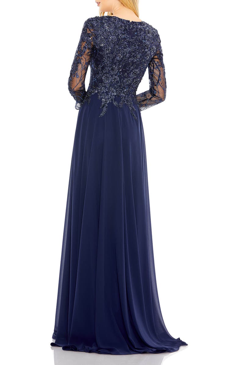 Mac Duggal Embroidered Illusion Long Sleeve V Neck Gown, Alternate, color, Navy
