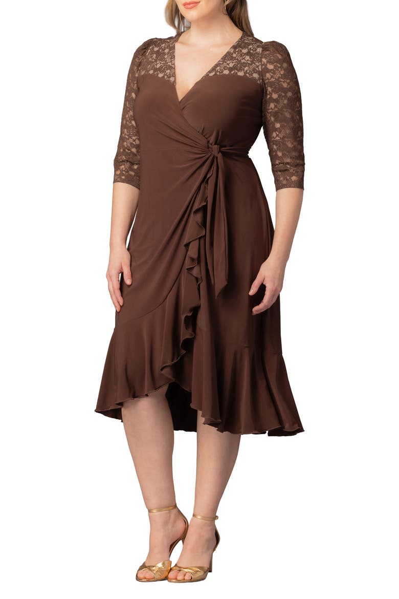 Lavish Lace Midi Wrap Dress, Alternate, color, CHOCOLATE