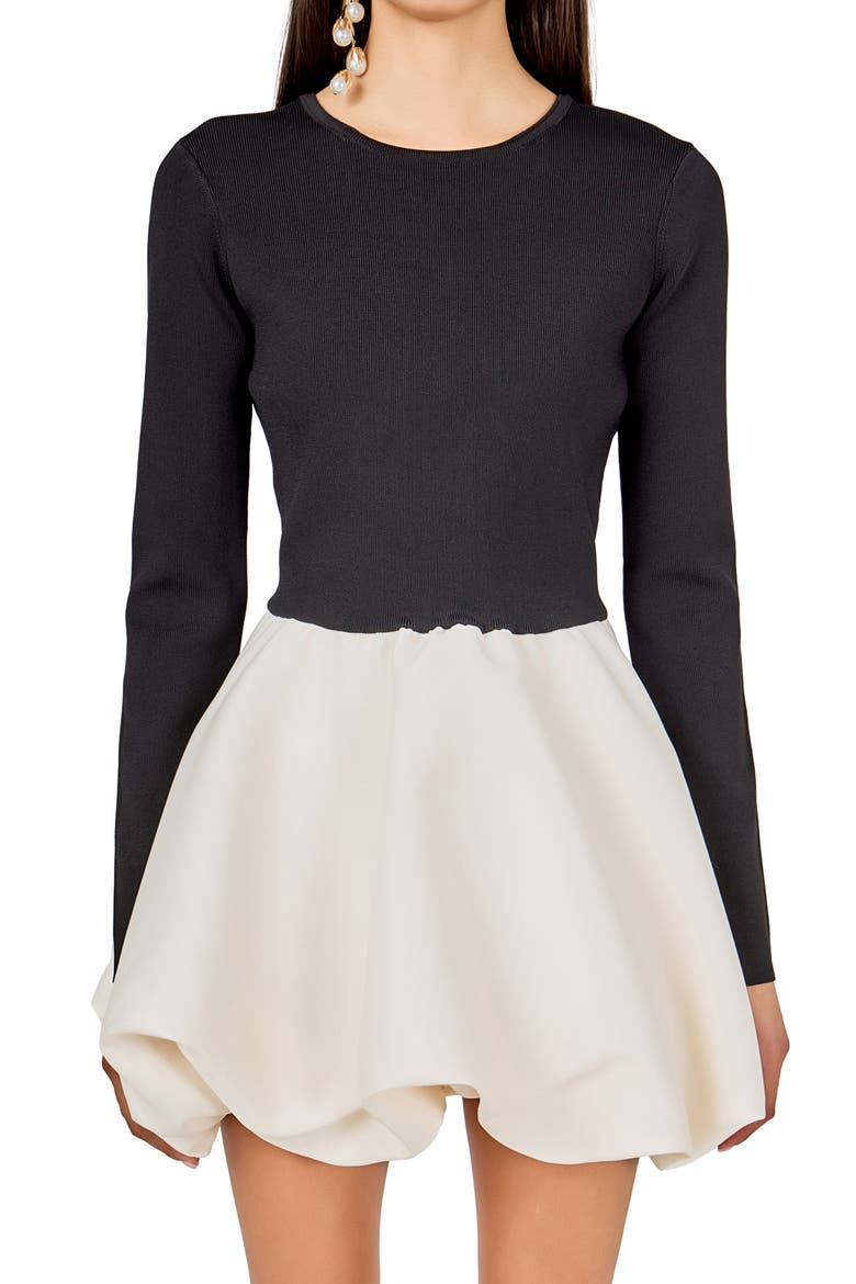 Mixed Media Long Sleeve Open Back Bubble Minidress, Alternate, color, BLACK/ IVORY