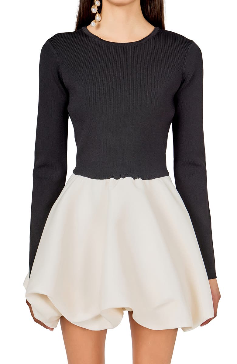 Endless Rose Mixed Media Long Sleeve Open Back Bubble Minidress, Alternate, color, Black/ Ivory