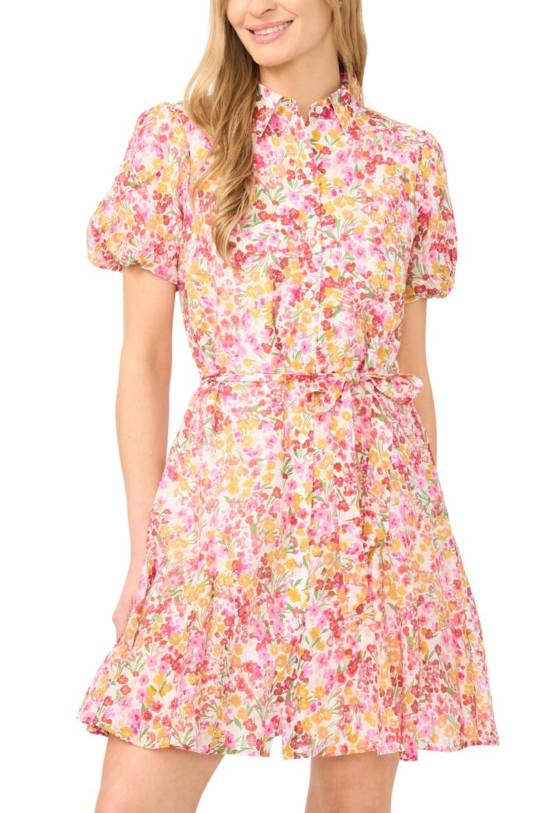 Floral Print Tie Waist Minidress, Alternate, color, NEW IVORY