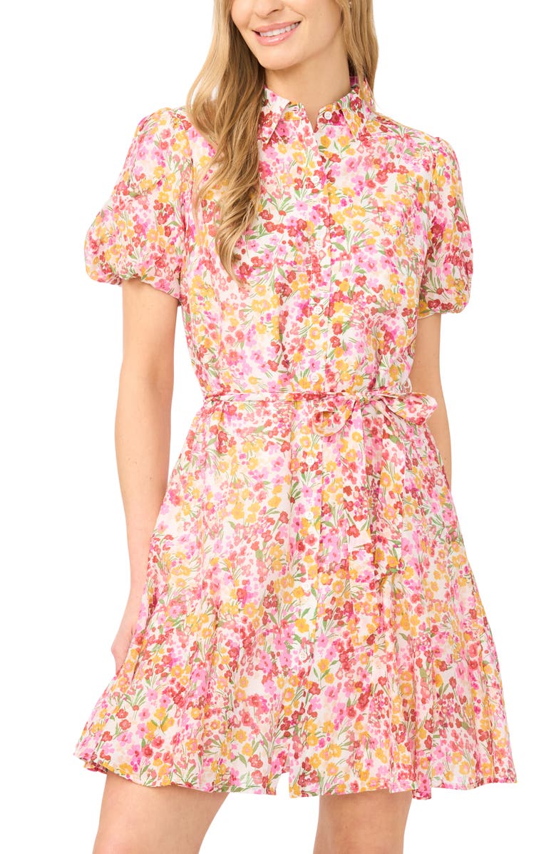 CeCe Floral Print Tie Waist Minidress, Alternate, color, New Ivory