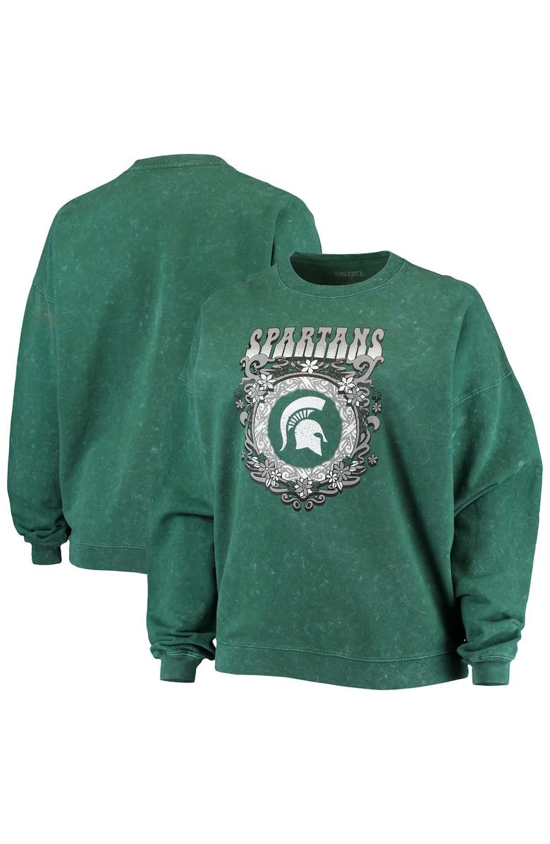 ZOOZATZ Women's ZooZatz Green Michigan State Spartans Garment Wash Oversized Vintage Pullover Sweatshirt, Main, color, Green