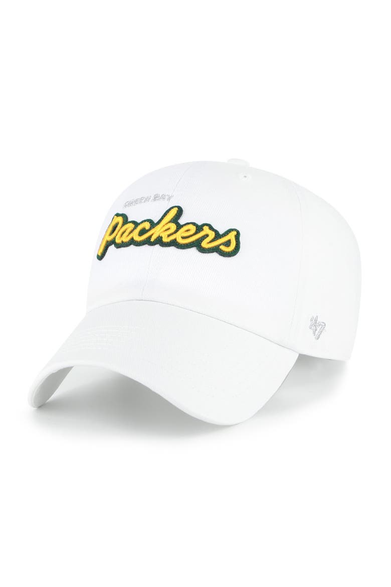 Women's '47  White Green Bay Packers Trendy Script Clean Up Adjustable Hat, Main, color, White
