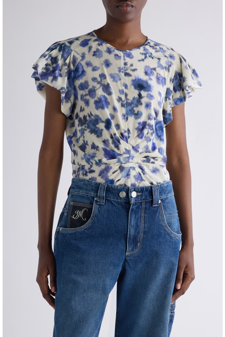 Tullya Ikat Floral Bubble Sleeve Stretch Silk Top, Main, color, BLUE