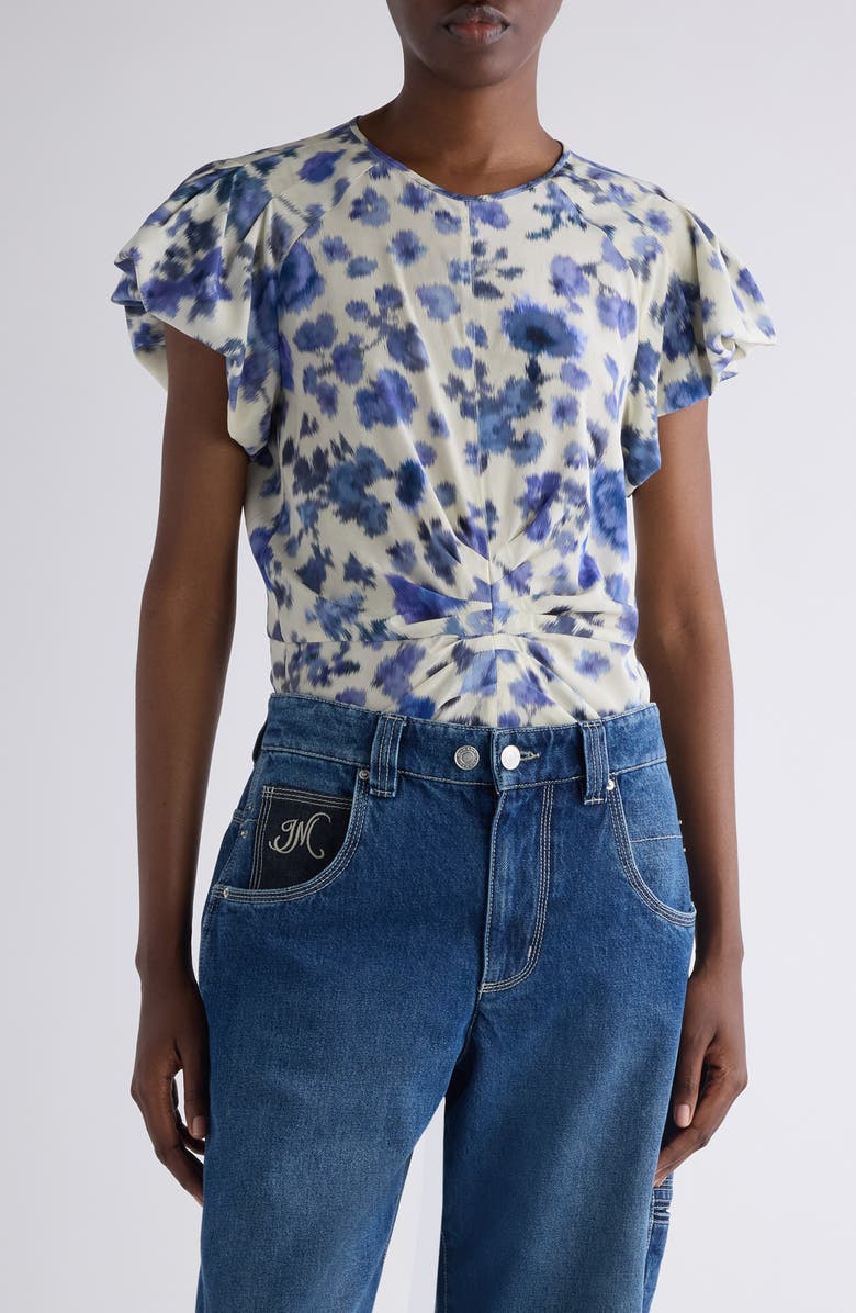 Isabel Marant Tullya Ikat Floral Bubble Sleeve Stretch Silk Top, Main, color, Blue