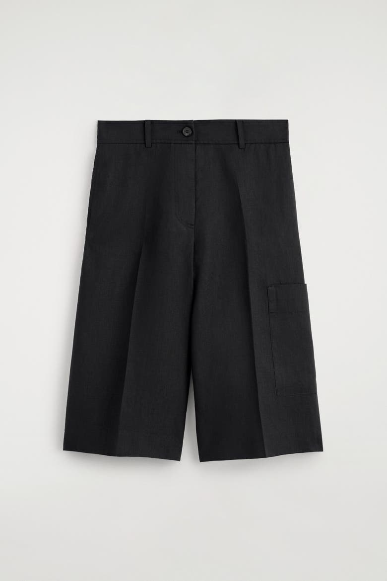 Linen Utility Bermuda Shorts, Alternate, color, BLACK
