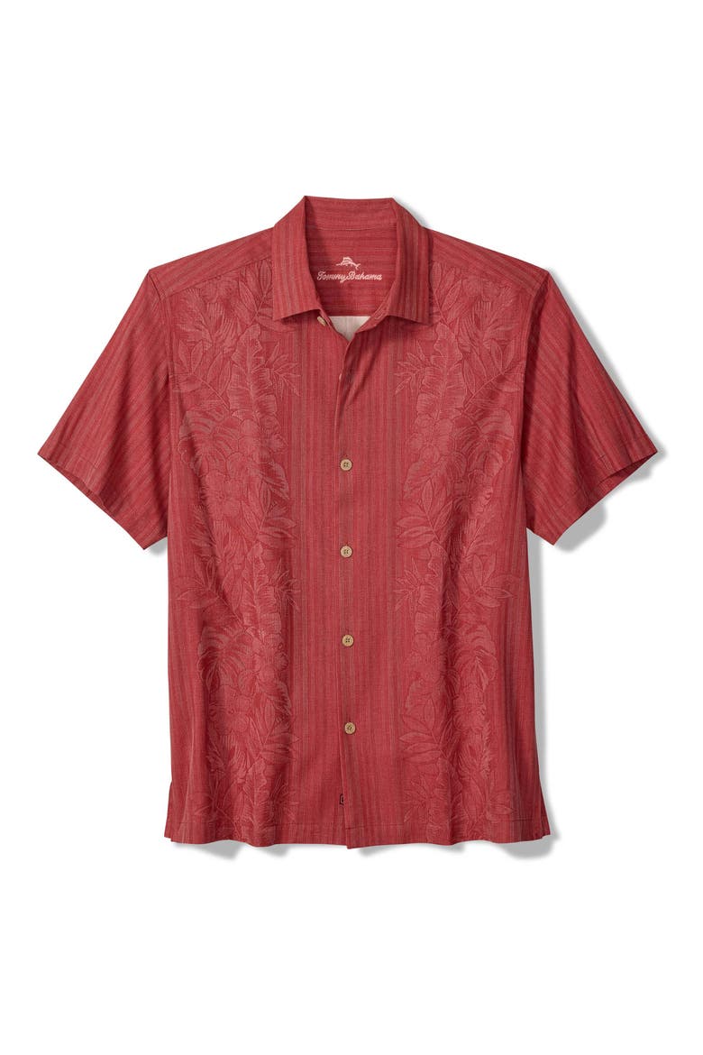 Maui Border Short Sleeve Silk Button-Up Shirt, Main, color, DEEP HAVANA