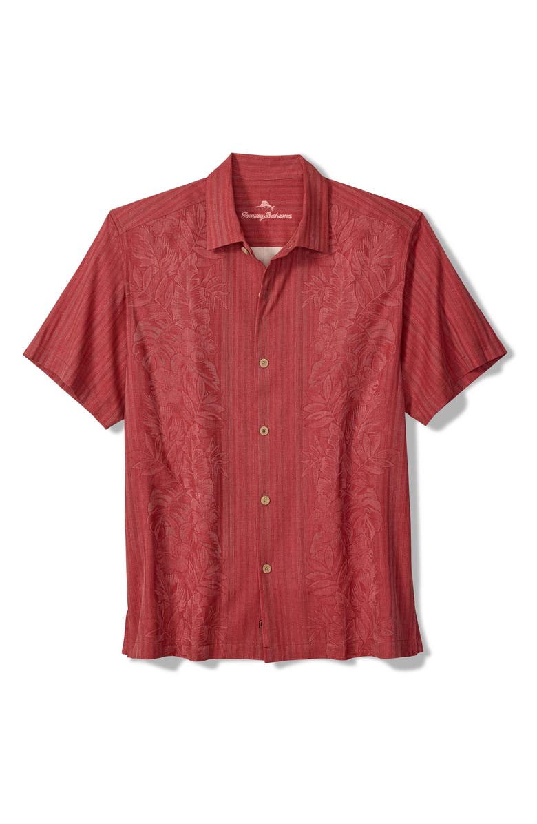 Tommy Bahama Maui Border Short Sleeve Silk Button-Up Shirt, Main, color, Deep Havana
