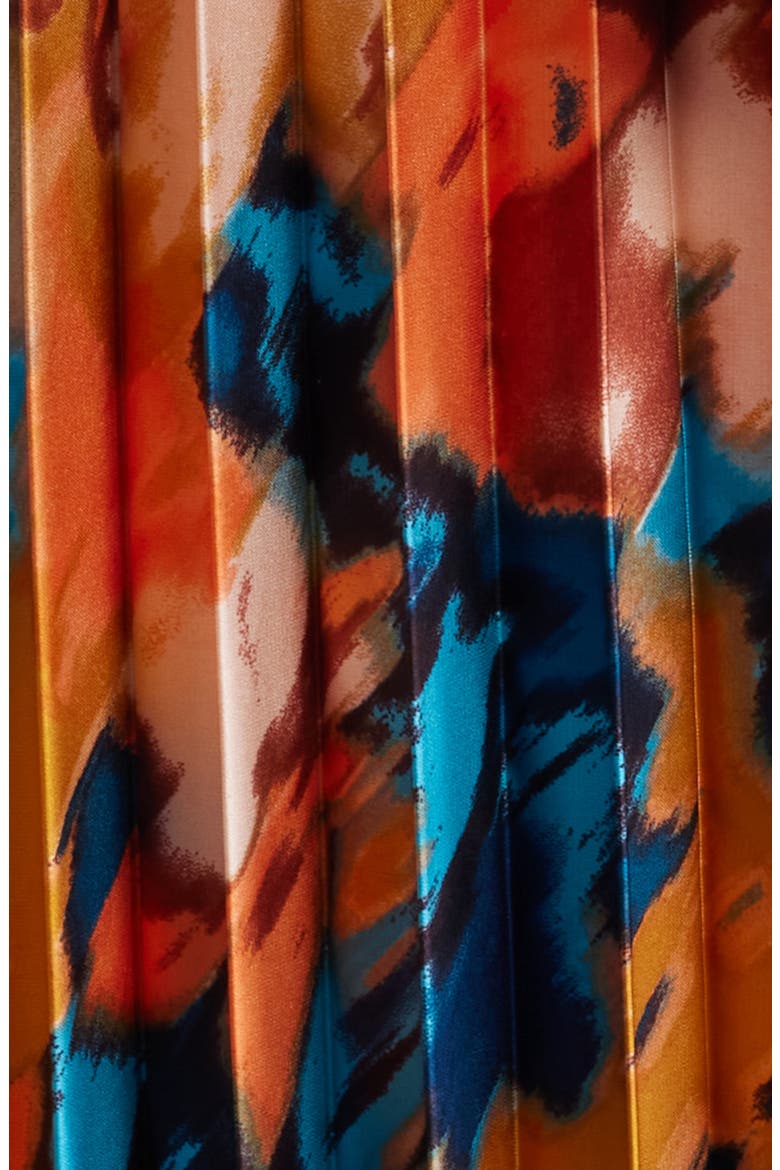 Abstract Print Pleated Belted Dress, Alternate, color, RUST/ TEAL