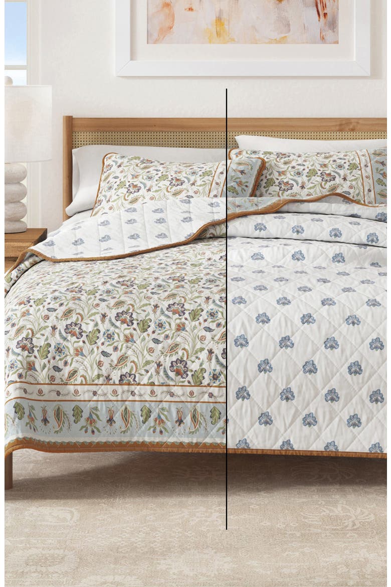 Boho Block Print Floral Cotton Quilt & Sham Set, Alternate, color, REGAL GARDEN - IVORY