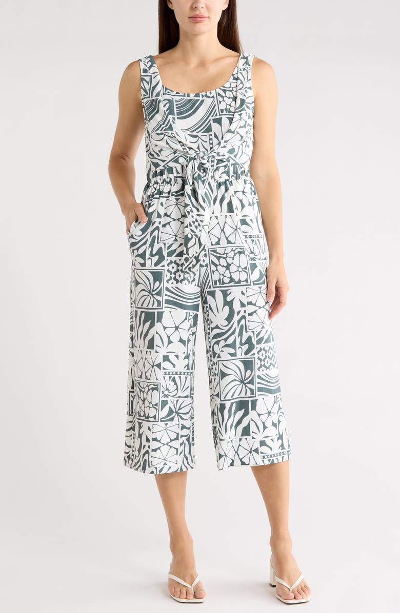 Connected Apparel Printed Sleeveless Tie Front Capri Jumpsuit, Main, color, 