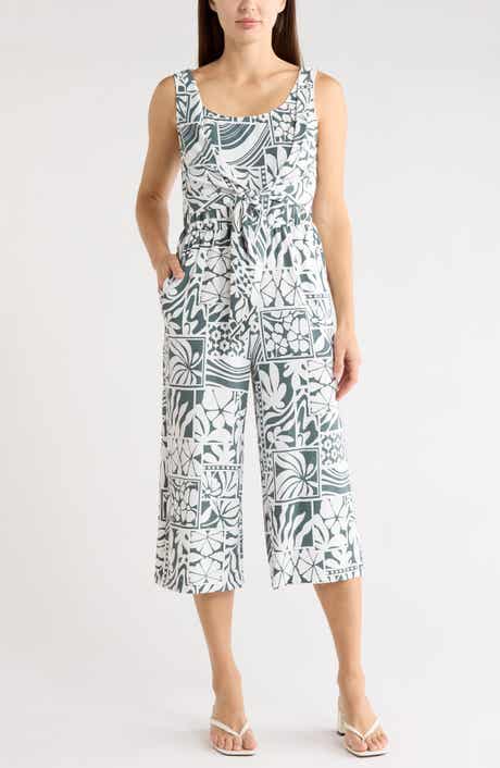 Connected Apparel Printed Sleeveless Tie Front Capri Jumpsuit