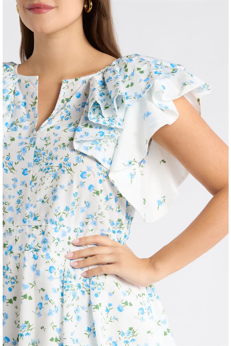 Floral Ruffle Flutter Sleeve Cotton Midi Dress, Alternate, color, WHITE BLUE GREEN