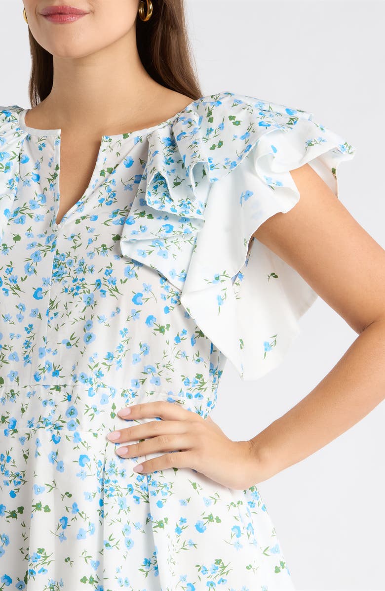SUGARLIPS Floral Ruffle Flutter Sleeve Cotton Midi Dress, Alternate, color, White Blue Green
