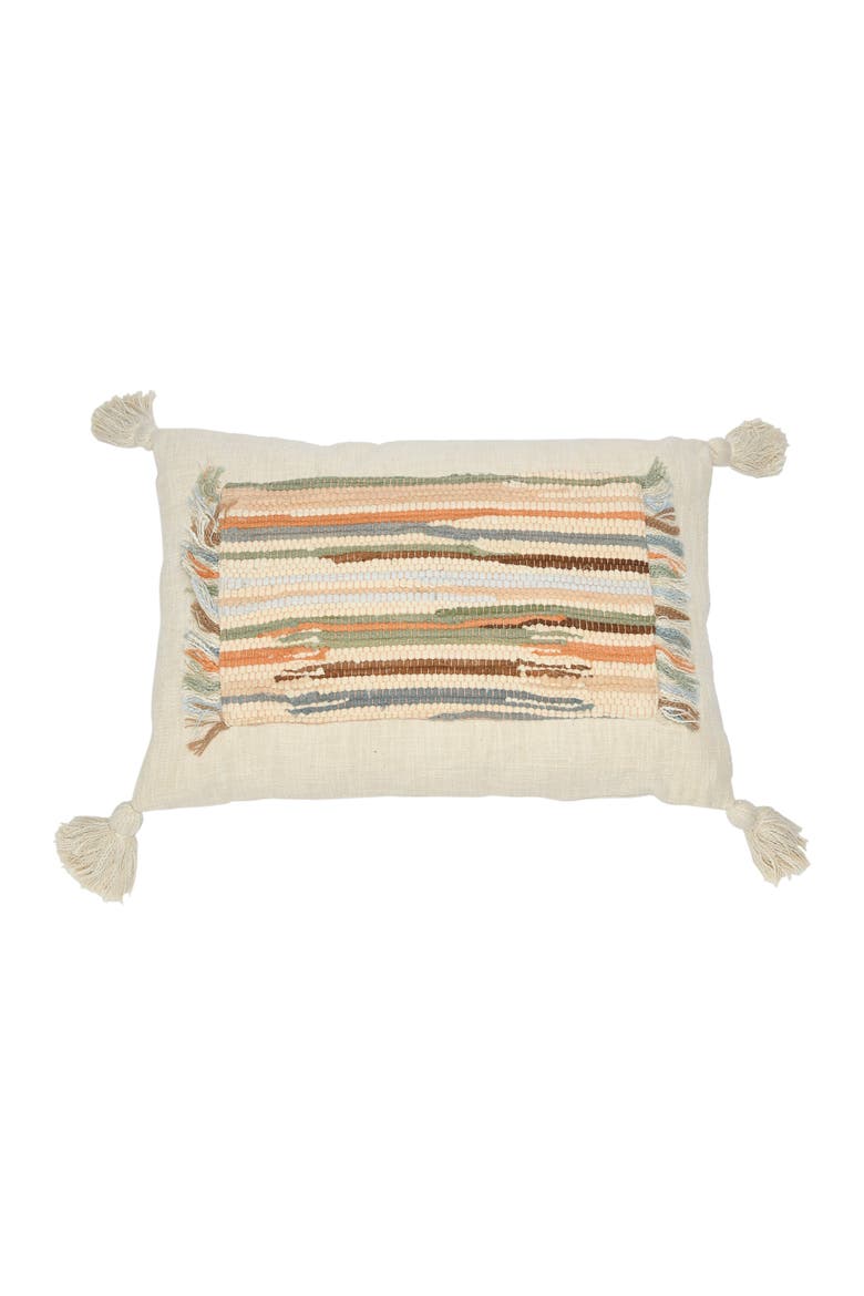 Woven Cotton Slub Lumbar Pillow with Applique, Fringe and Tassels, Main, color, Cream