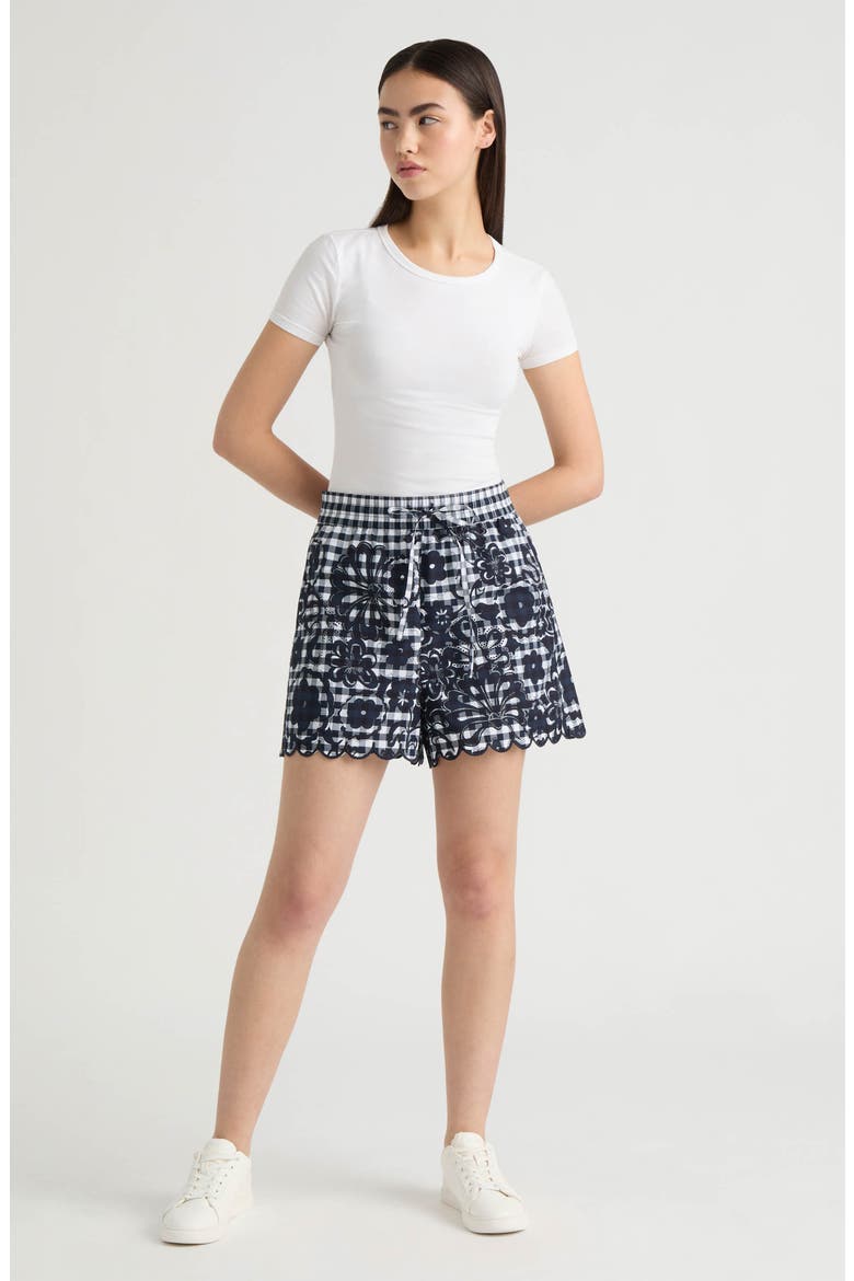 Floral Gingham Cotton Poplin Drawstring Shorts, Alternate, color, NAVY GINGHAM