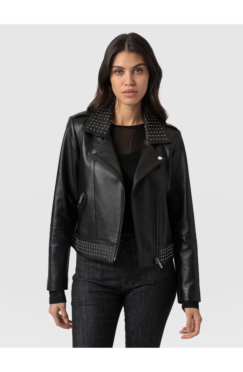 Saint + Sofia Bonham Studded Biker Jacket, Alternate, color, Black