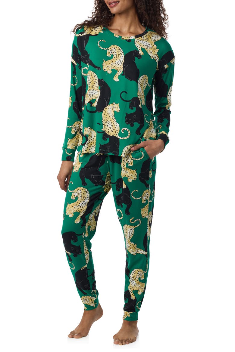 Print Long Sleeve Pajamas, Alternate, color, GREEN PRINT