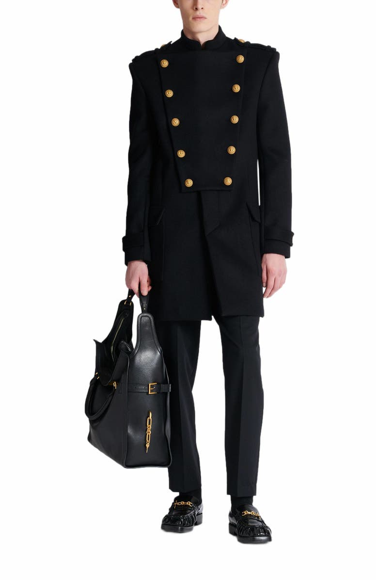 Balmain Wool And Cashmere Coat With Detachable Bib Front, Alternate, color, Black