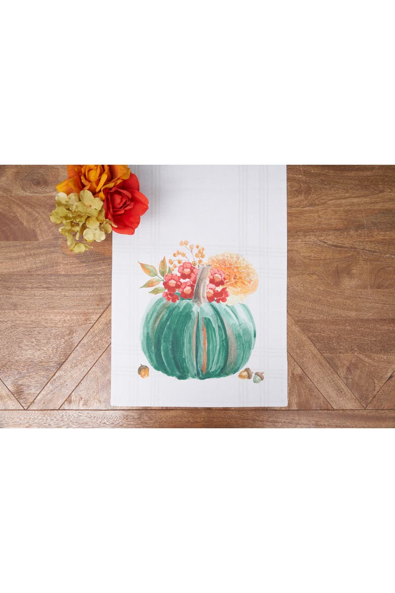 Harvest Teal Pumpkin & Flower Leaves 100% Cotton Table Runner 14" x 72", Main, color, Red