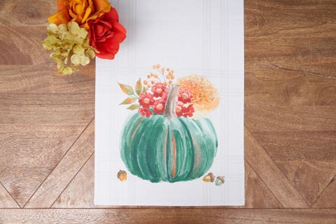 Harvest Teal Pumpkin 
Flower Leaves 100% Cotton Table Runner 14" x 72"