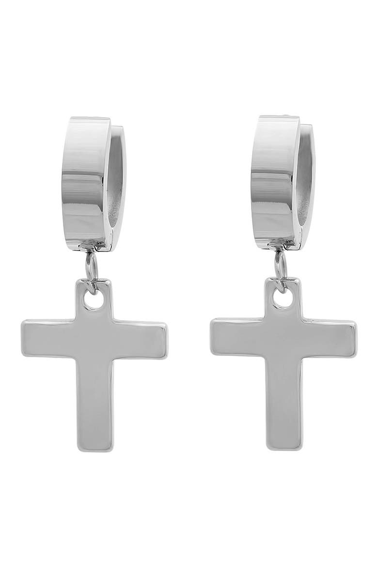 Cross Drop Huggie Hoop Earrings, Main, color, SILVER