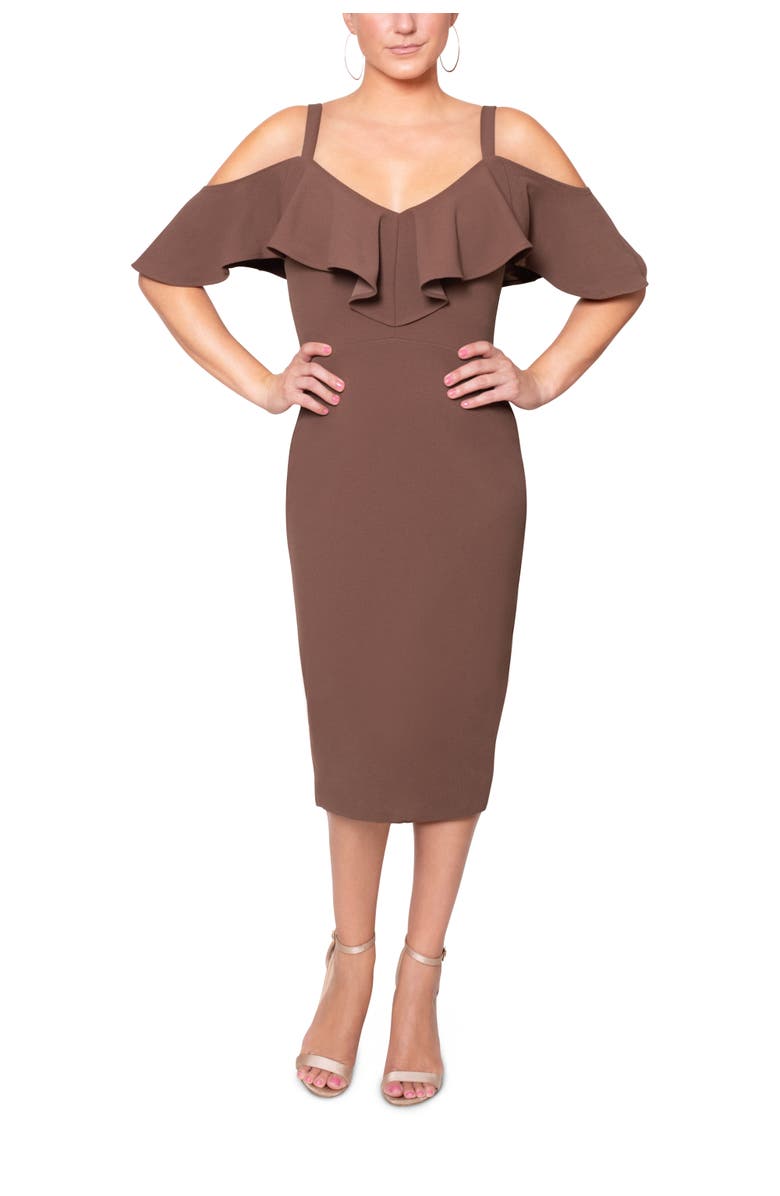 RACHEL Rachel Roy Marcella Off the Shoulder Ruffle Midi Dress, Main, color, Mocha