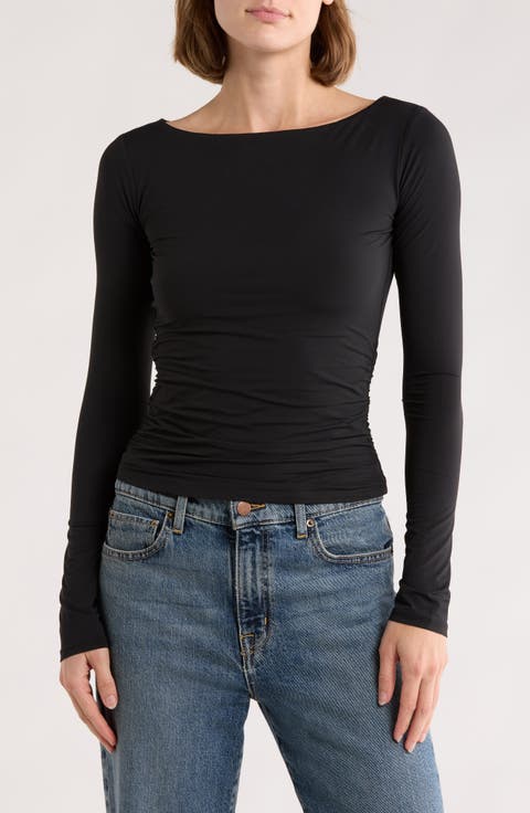 Boat Neck Long Sleeve Ruched Top