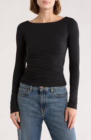 Leith Boat Neck Long Sleeve Ruched Top