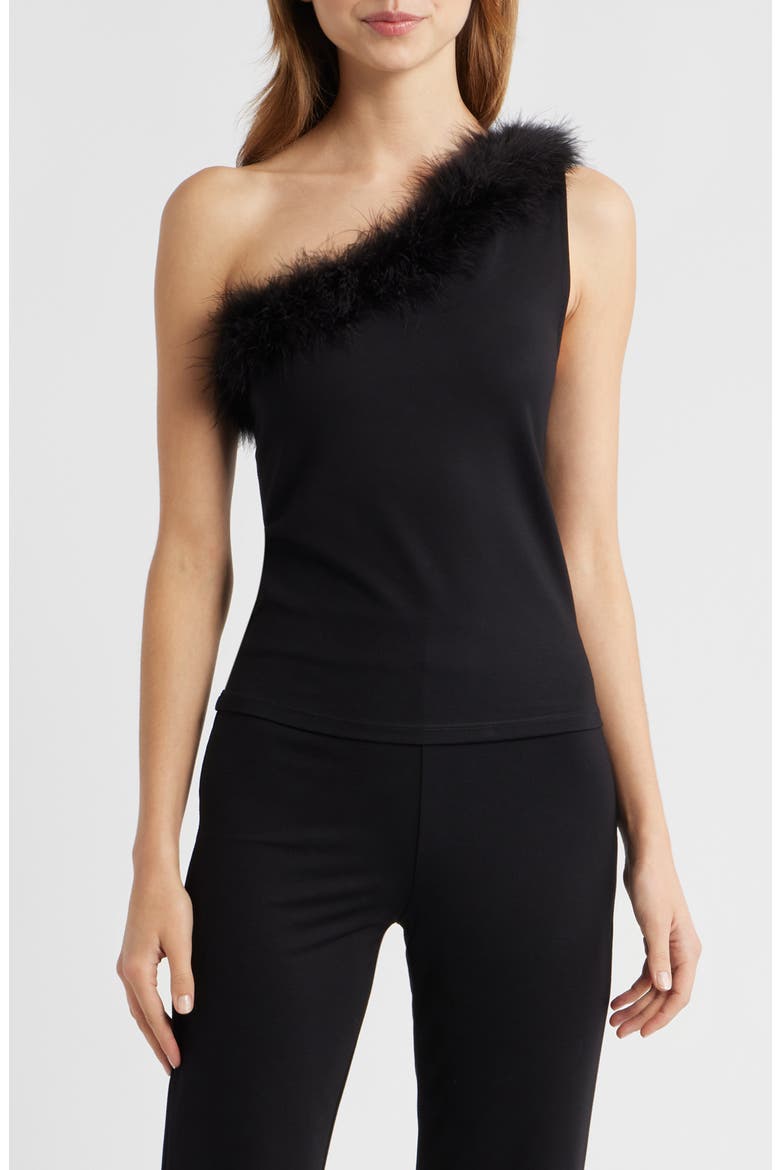 Xplumi Feather Trim One-Shoulder Top, Main, color, BLACK