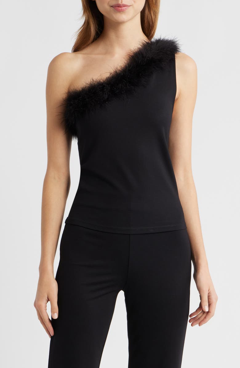 MANGO Xplumi Feather Trim One-Shoulder Top, Main, color, Black