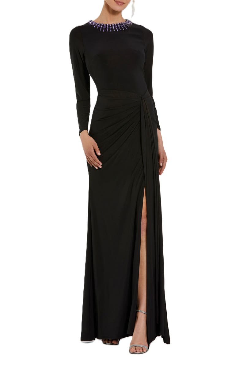 Mac Duggal Long Sleeve Jersey Ruched Gown With Beaded Neck, Main, color, Black