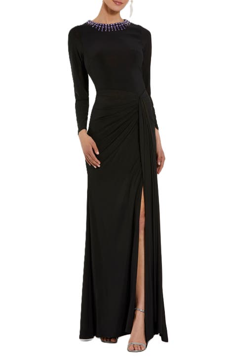 Long Sleeve Jersey Ruched Gown With Beaded Neck