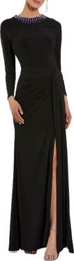 Mac Duggal Long Sleeve Jersey Ruched Gown With Beaded Neck