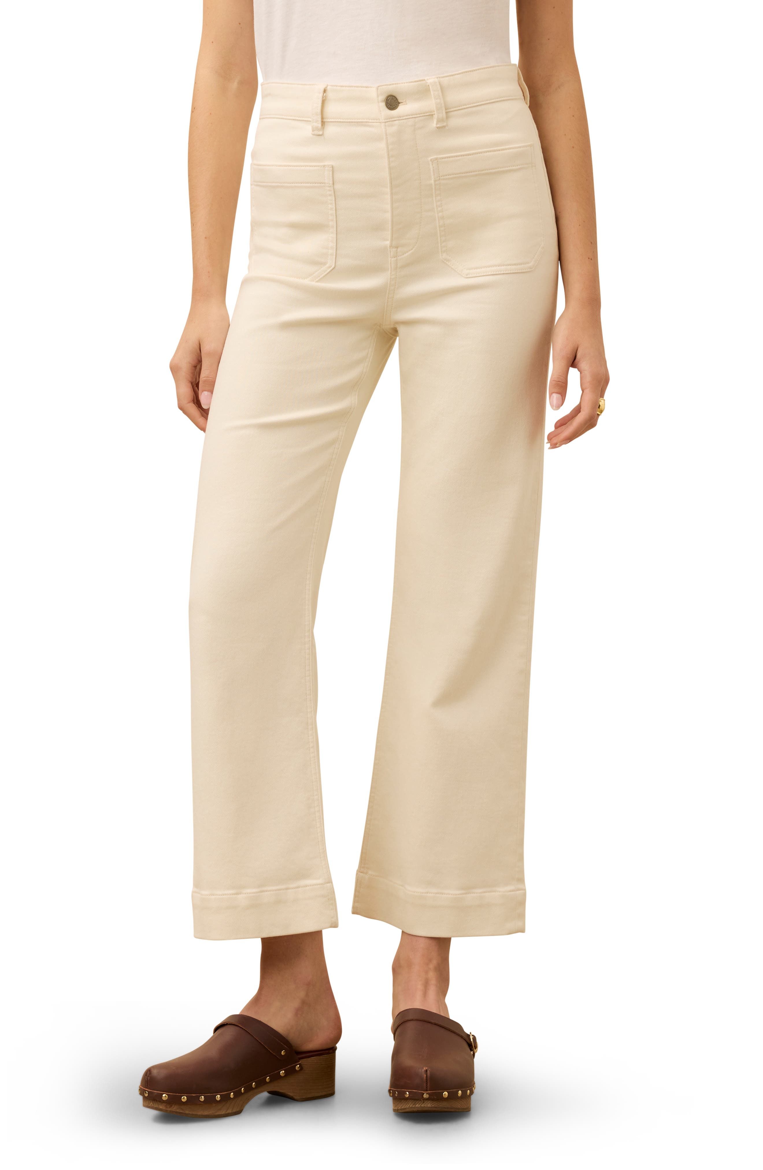 Patch Pocket High Waist Ankle Wide Leg Stretch Terry Pants