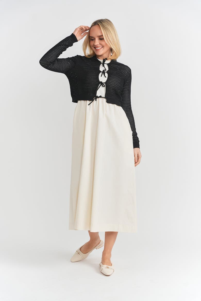 Eyelet Knit Lace-Up V-Neck Sweater, Alternate, color, Black