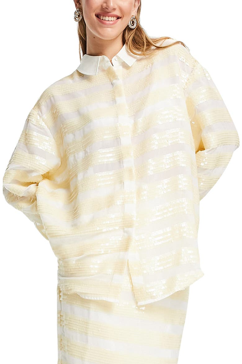 Edition Sequin Stripe Button-Up Shirt, Alternate, color, IVORY