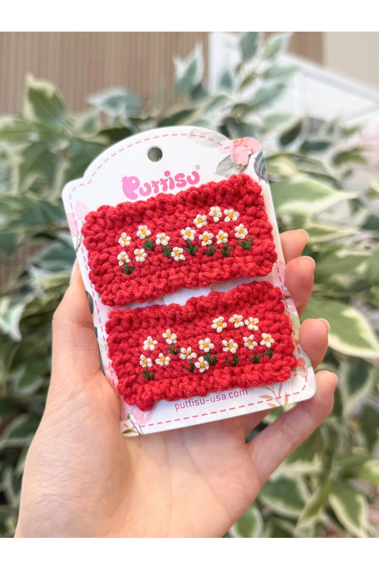 2pc Hand-Crocheted Floral Clip Set, Alternate, color, Red