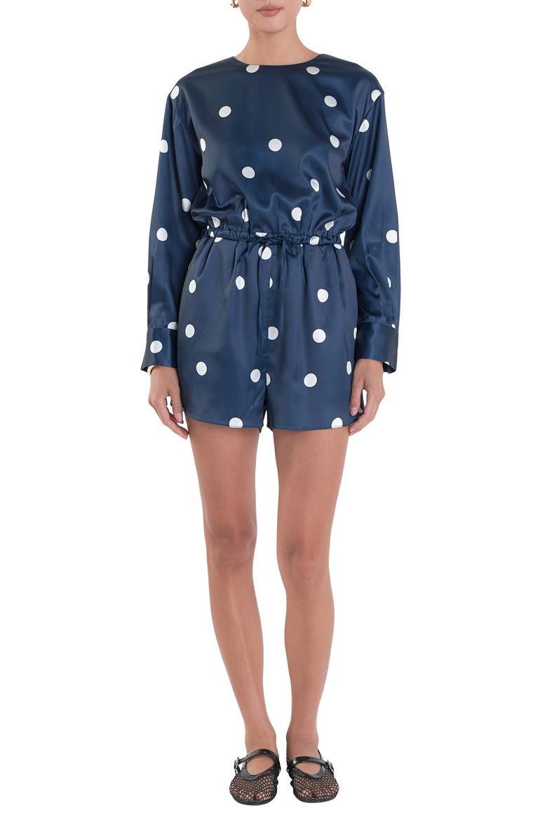 Polka Dot Long Sleeve Satin Romper, Main, color, DARK NAVY/ OFF WHITE
