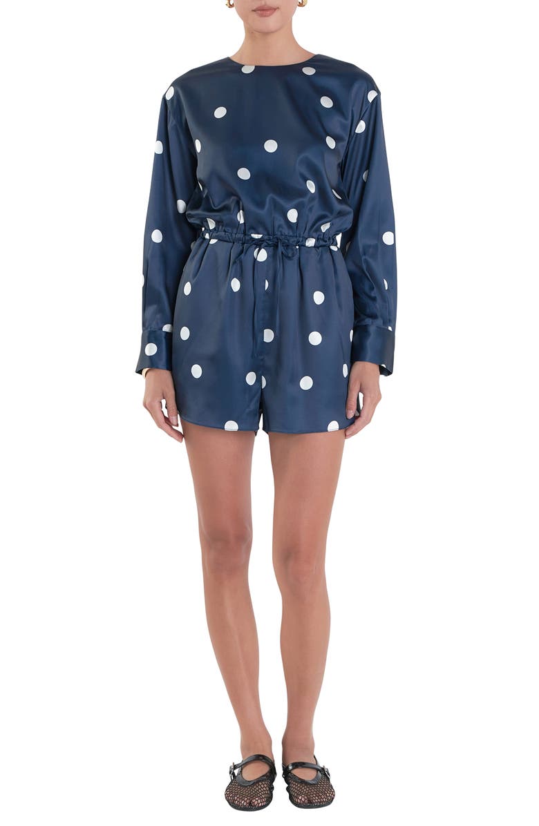 English Factory Polka Dot Long Sleeve Satin Romper, Main, color, Dark Navy/ Off White
