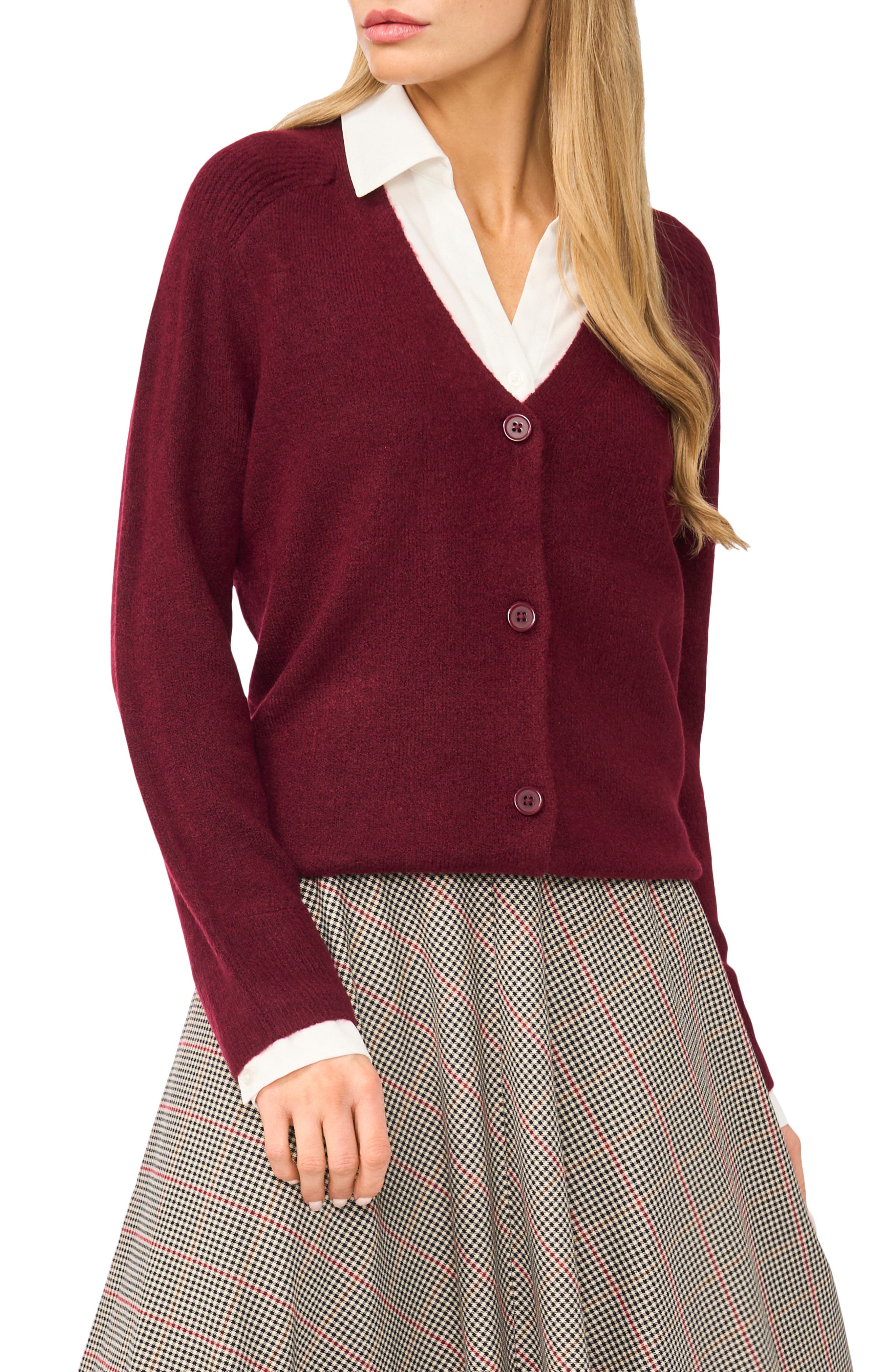 Halogenr Halogen(r) Mixed Media Twofer V-neck Cardigan In Crisp Merlot