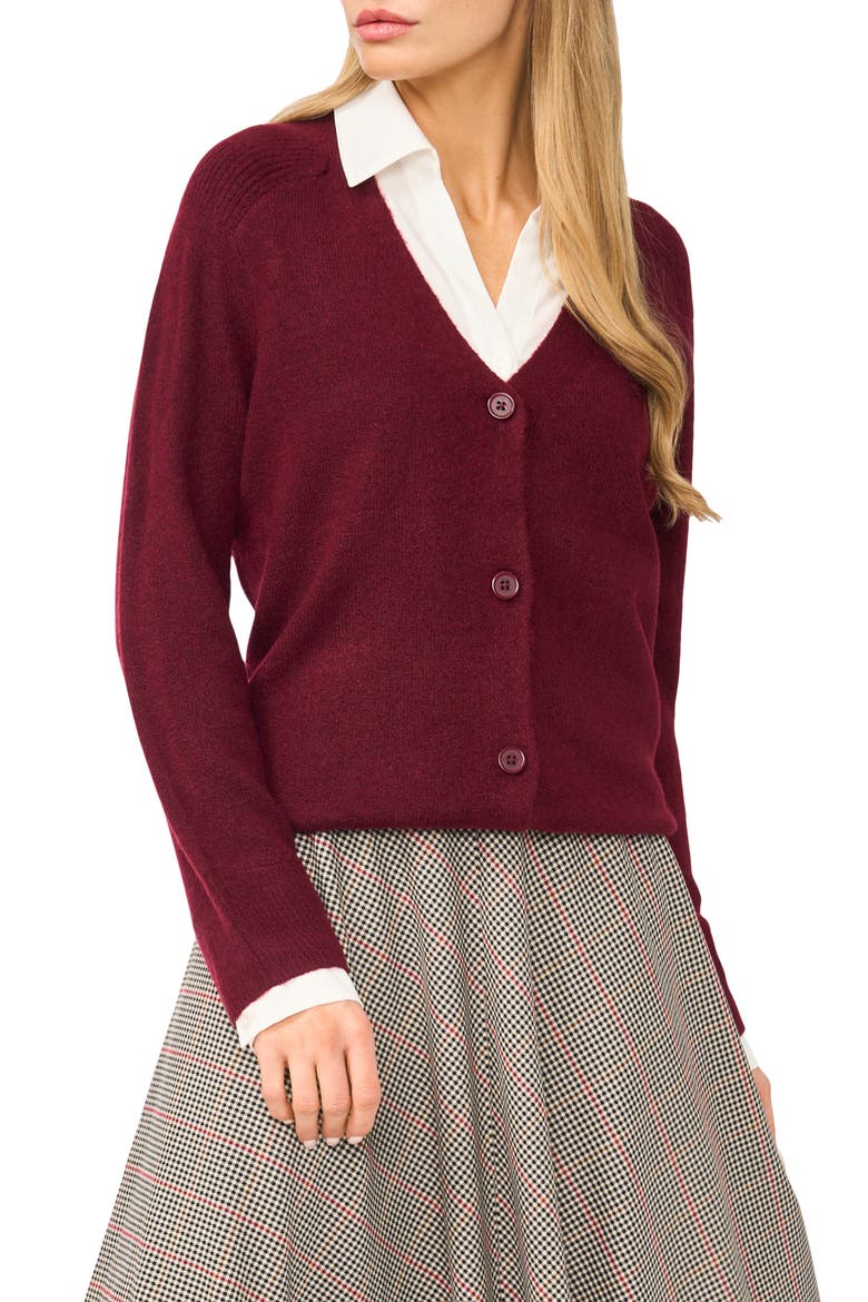 Mixed Media Twofer V-Neck Cardigan, Main, color, CRISP MERLOT